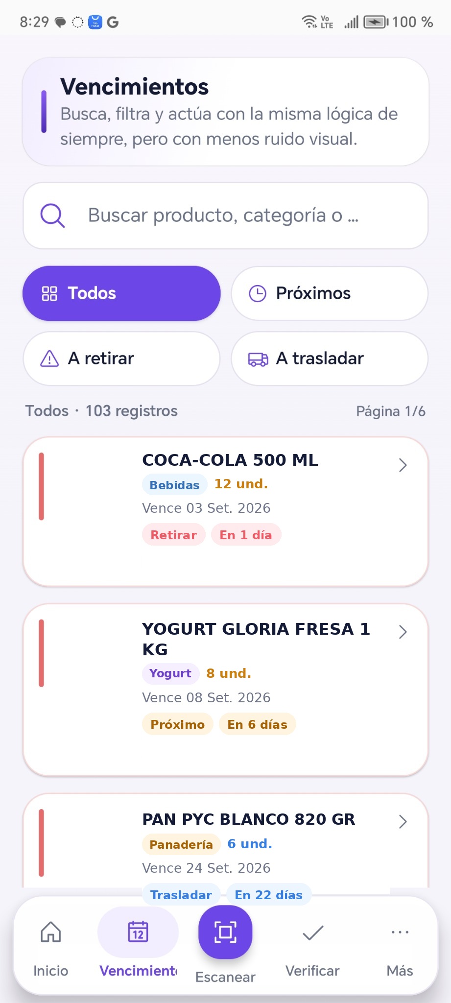Pantalla real de vencimientos de RetailExpiry